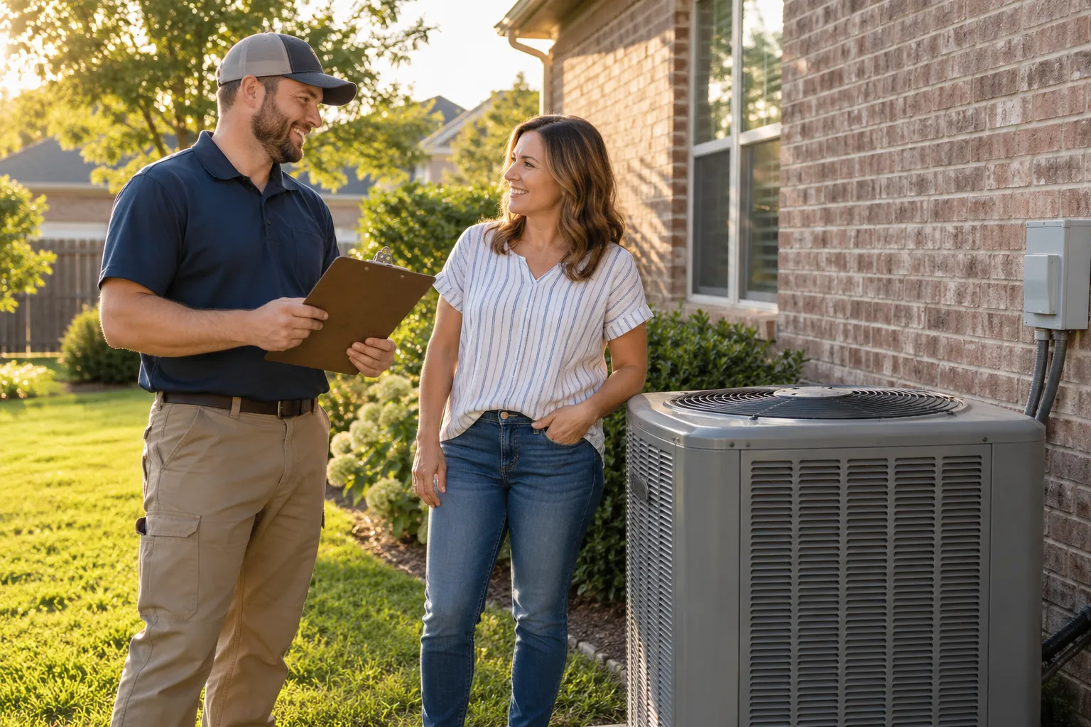 Friendly provider and homeowner reviewing a new outdoor AC unit beside a brick home in Lovejoy