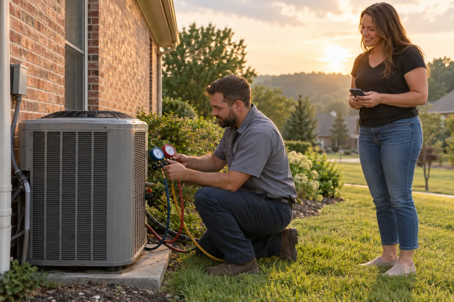 Independent HVAC provider inspecting an outdoor air conditioner at a home in Lovejoy while a homeowner looks on
