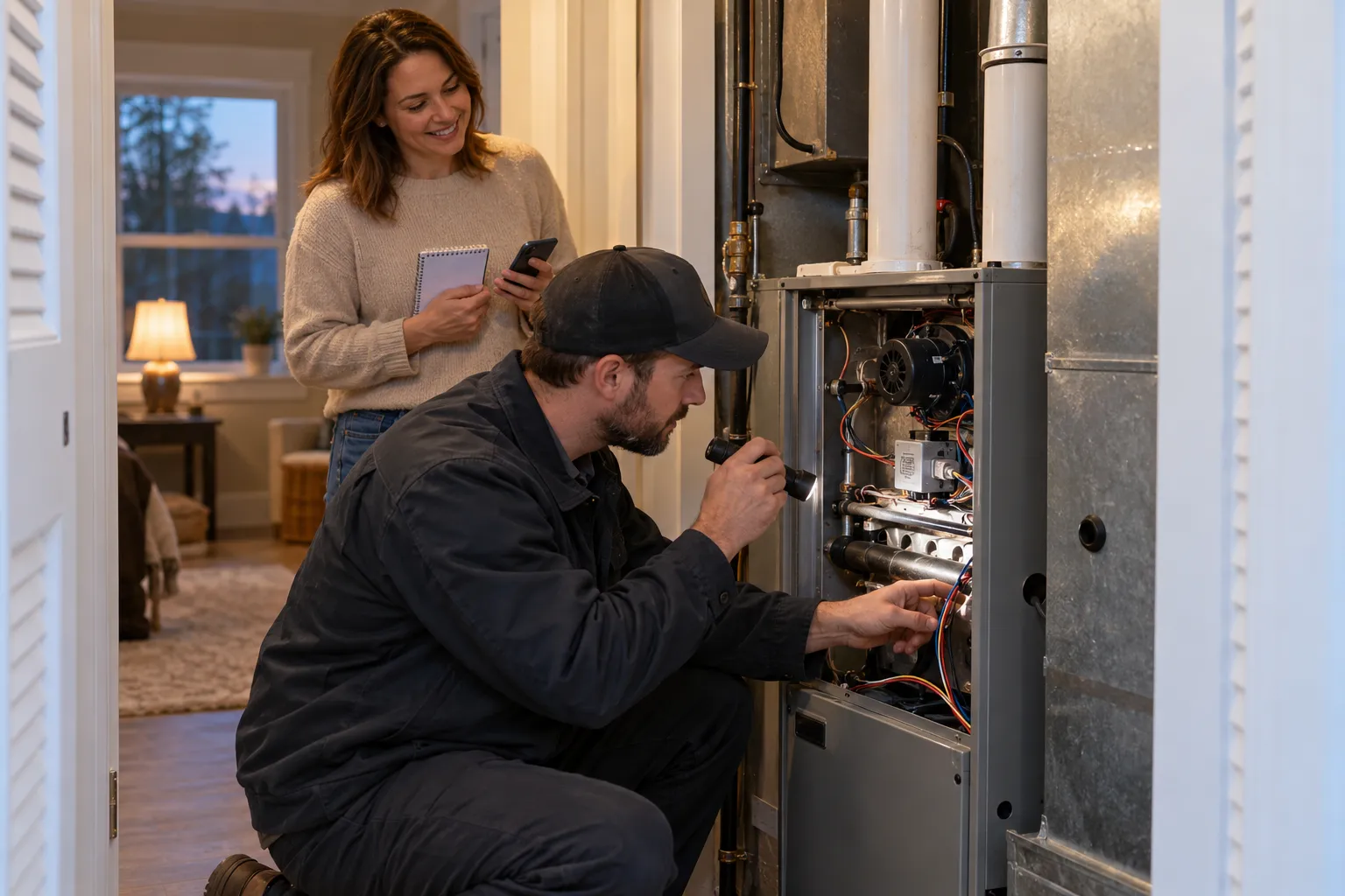 Local provider checking a gas furnace in a Lovejoy home as the homeowner looks on