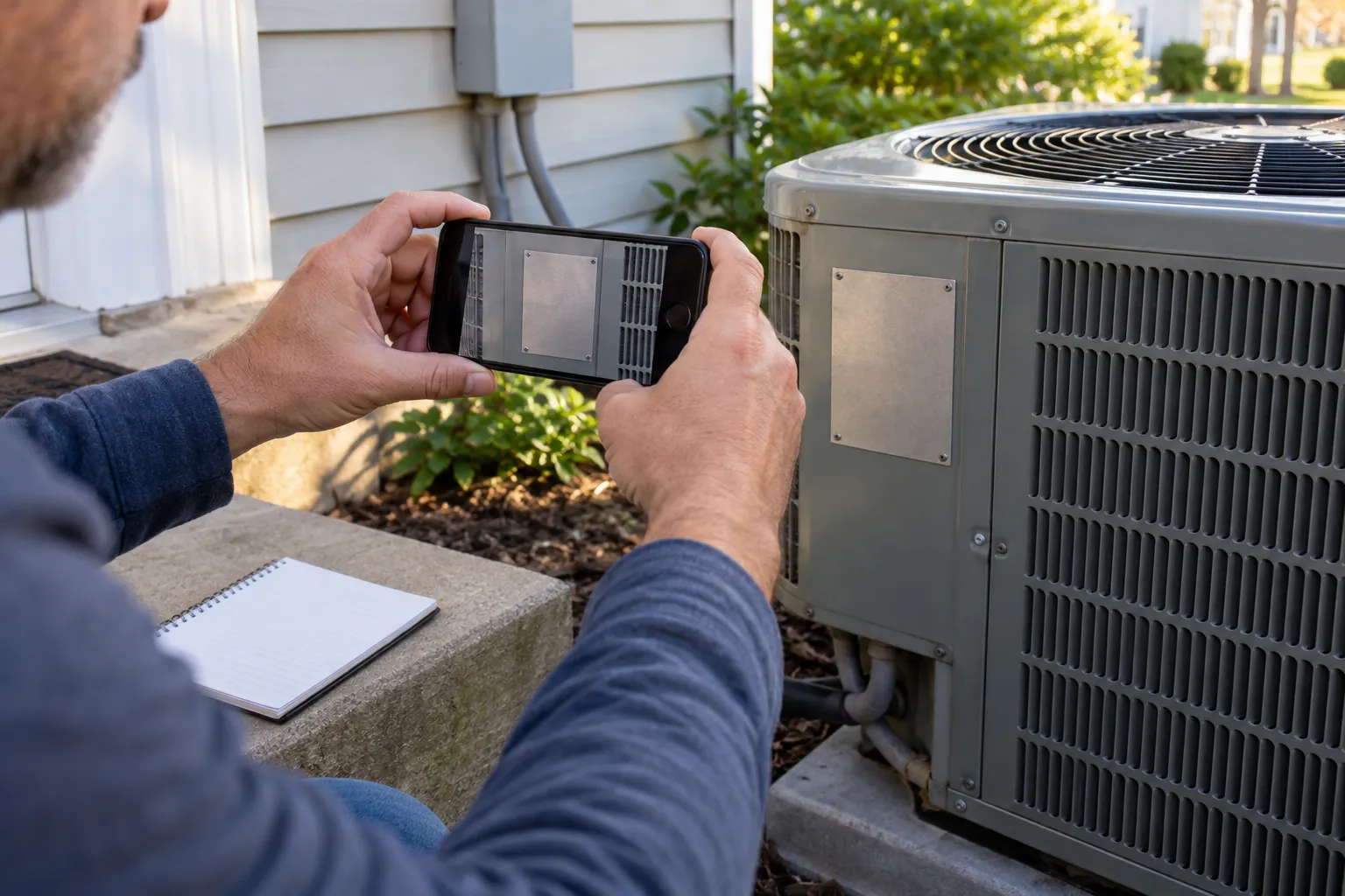 Homeowner photographing an AC unit label for an estimate request in the Lovejoy area