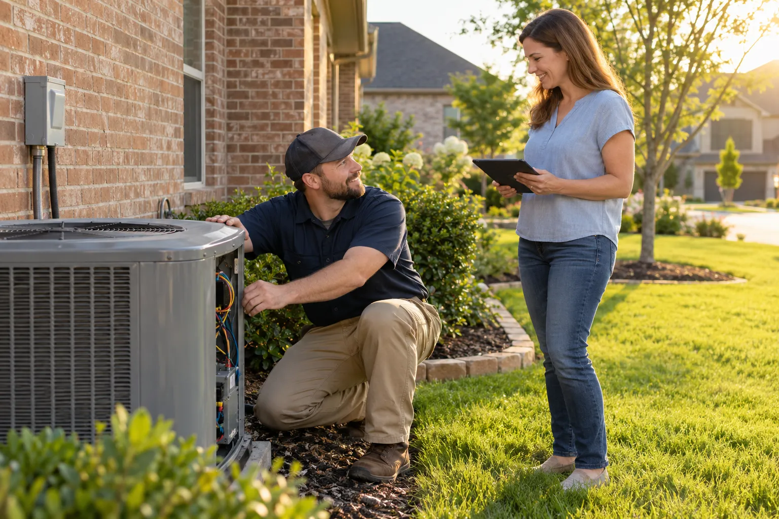 A homeowner checking the thermostat while a local HVAC provider looks at an outdoor AC unit in Lovejoy